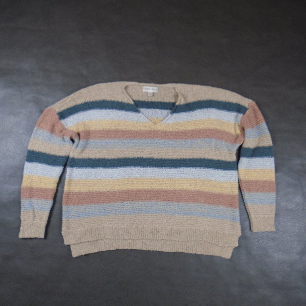 Knox Rose XXL Loose Knit Striped V-Neck Pullover Sweater Beige Blue Brown